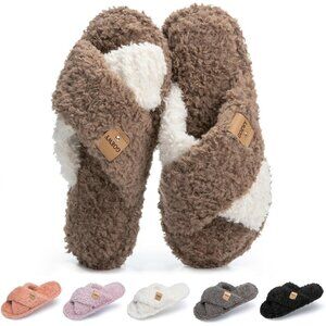 ⚡Women’s Brown White Faux Fur Cozy Fuzzy Cross Band Slippers Indoor House Shoes